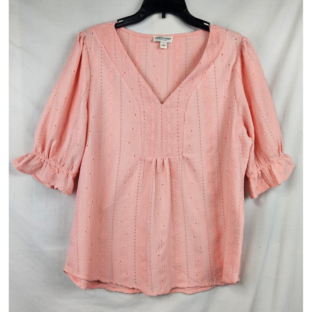 Sabrina Lauren New York Peach Pointelle V-Neck Puff Sleeve Blouse Large